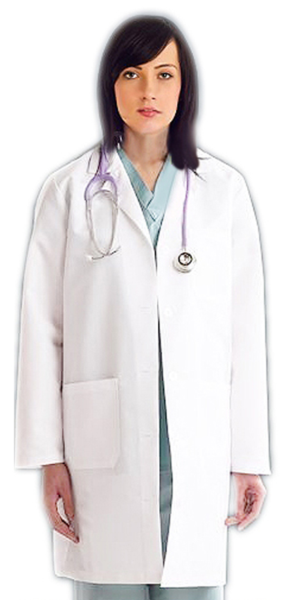 Poplin labcoat ladies full sleeve with snap buttons 3 pockets solid pleated (48 perc cotton 52 perc polyester) in 36 38 40 42  lengths
