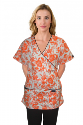 Top mock wrap 3 pocket half sleeve in petal orange print with black piping